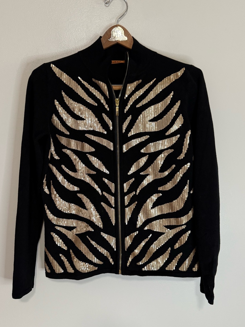 Belladini Black & Gold Sequin Zip-Front Women's cardigan sweater size medium